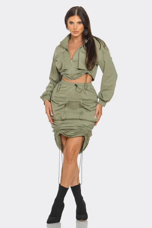 So Bomb Drawstring Cargo Pocket Skirt Set - Olive