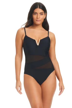 Solid Essentials Mesh Tummy Control One Piece Swimsuit