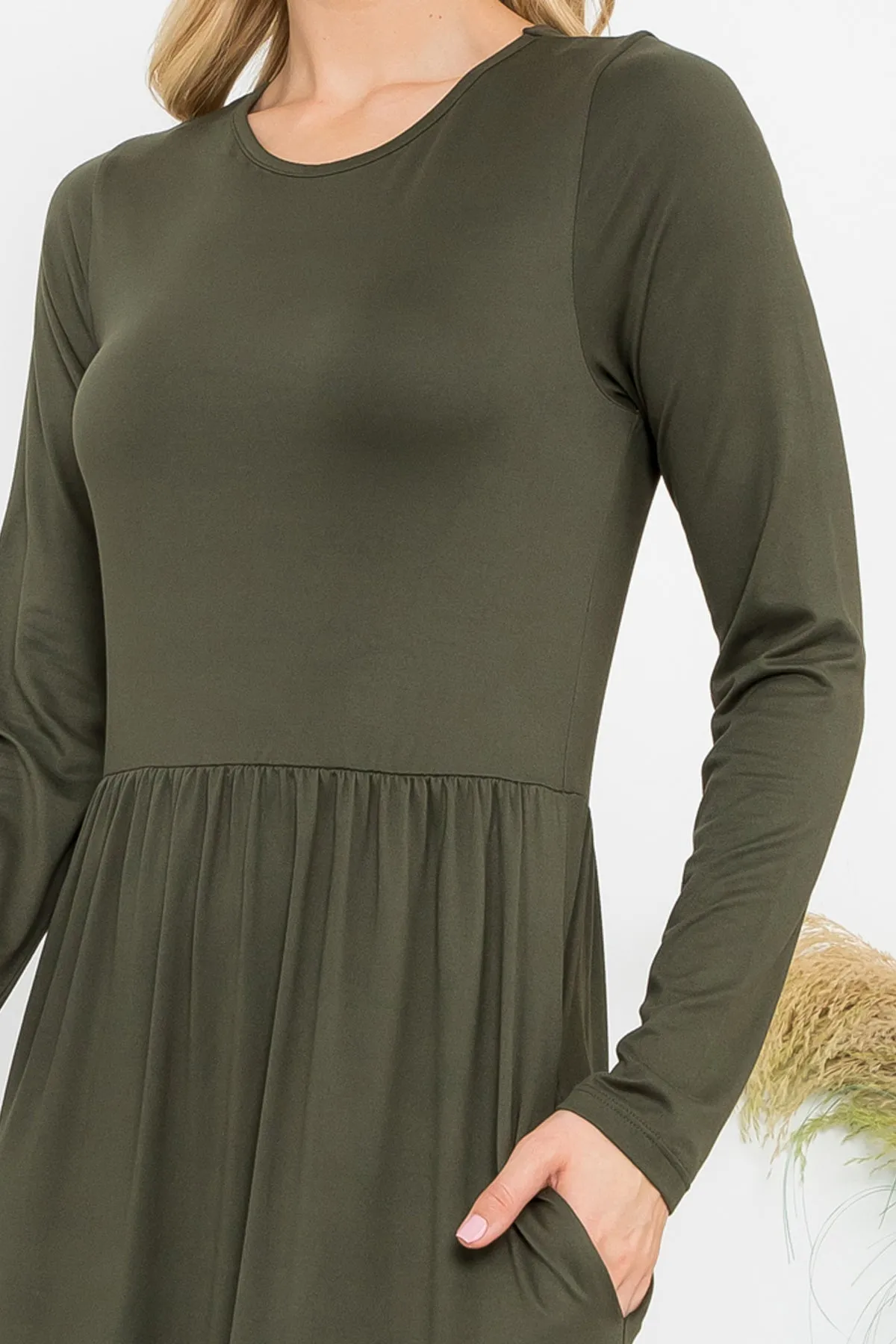 Solid Long Sleeve Tiered Pocket Dress