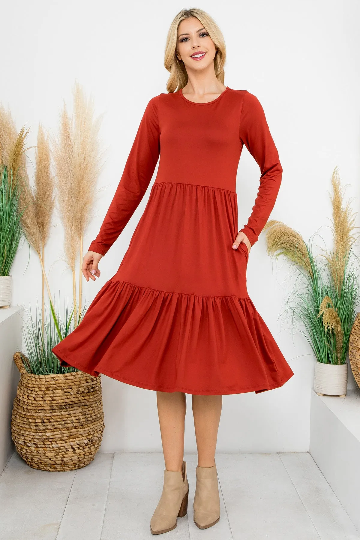 Solid Long Sleeve Tiered Pocket Dress