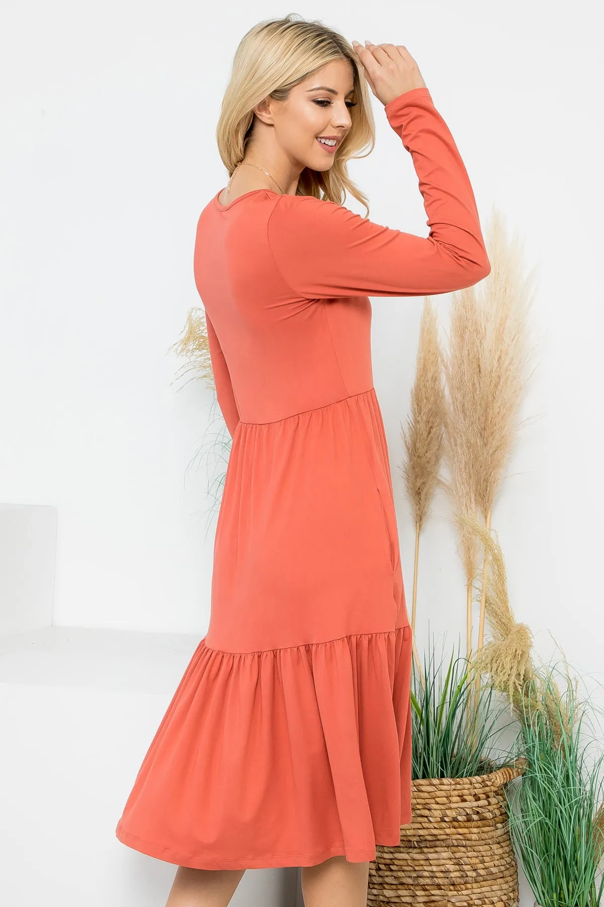 Solid Long Sleeve Tiered Pocket Dress