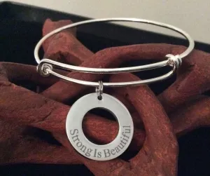 Strong is Beautiful Expandable Silver Charm Bracelet Adjustable Wire Bangle Affirmation Ring