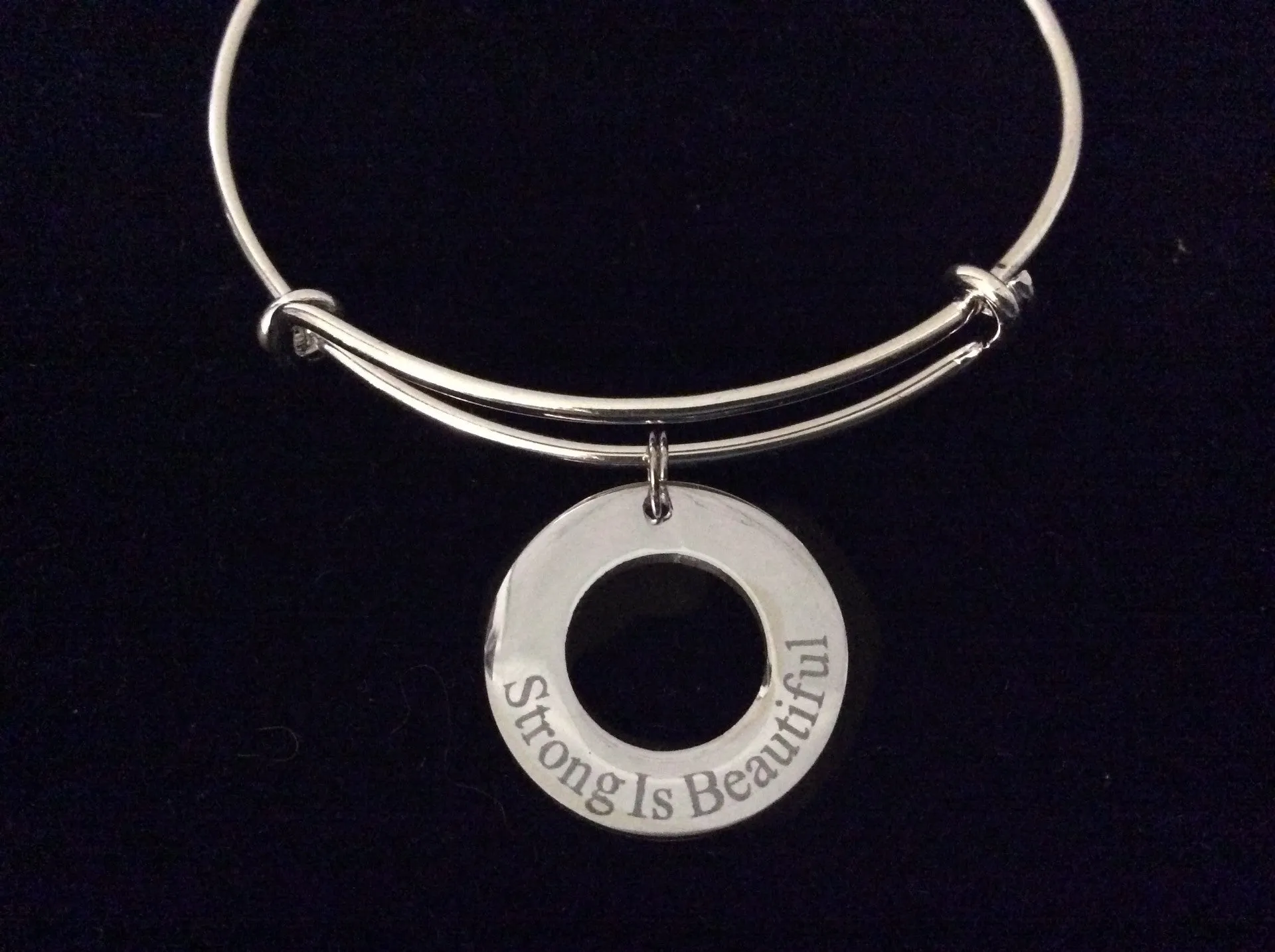 Strong is Beautiful Expandable Silver Charm Bracelet Adjustable Wire Bangle Affirmation Ring