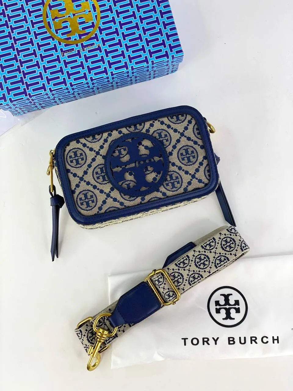 Tory Burch Jacquard Camera Bag with Signature Pattern and Gold Accents
