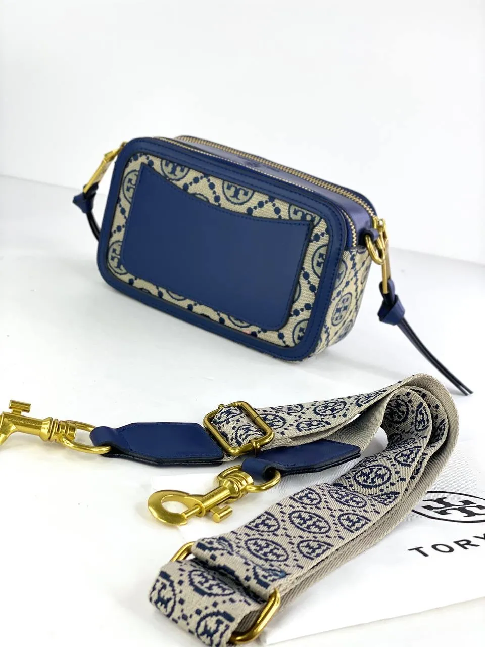 Tory Burch Jacquard Camera Bag with Signature Pattern and Gold Accents
