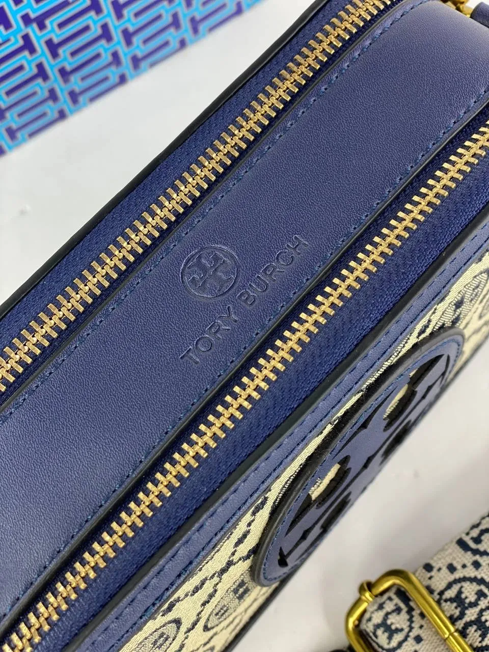 Tory Burch Jacquard Camera Bag with Signature Pattern and Gold Accents