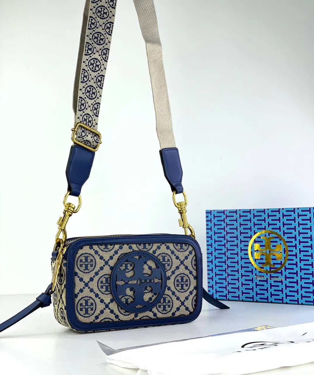 Tory Burch Jacquard Camera Bag with Signature Pattern and Gold Accents