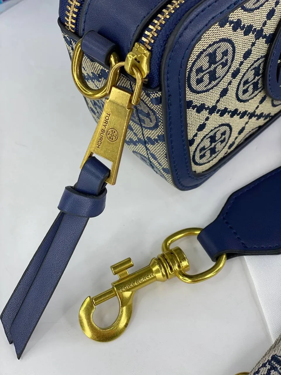 Tory Burch Jacquard Camera Bag with Signature Pattern and Gold Accents