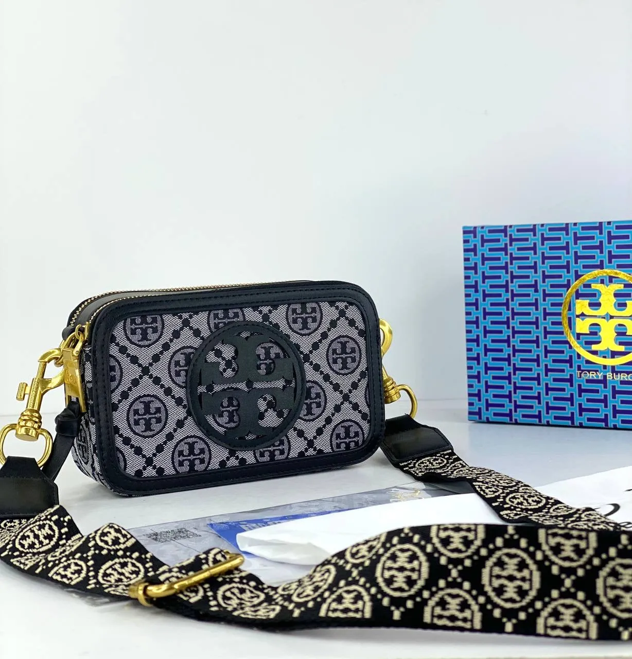 Tory Burch Jacquard Camera Bag with Signature Pattern and Gold Accents