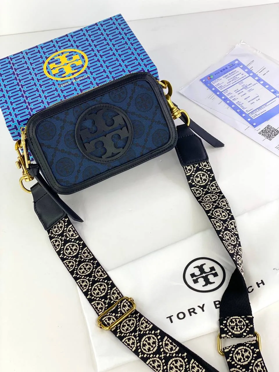 Tory Burch Jacquard Camera Bag with Signature Pattern and Gold Accents