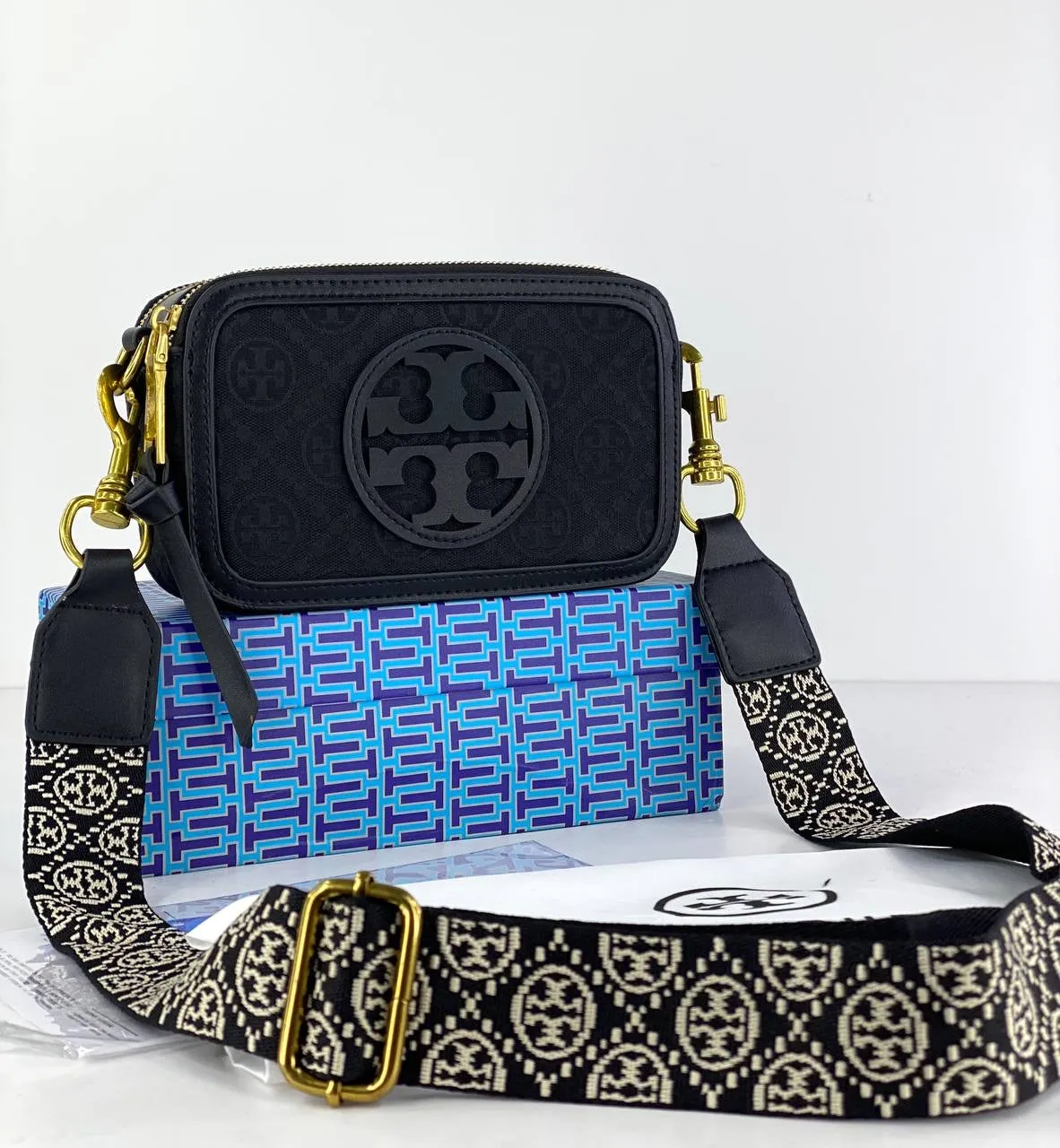 Tory Burch Jacquard Camera Bag with Signature Pattern and Gold Accents