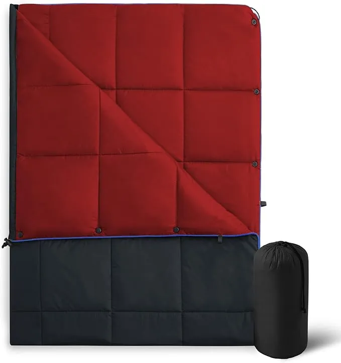 UNIKOME Outdoor Packable Camping Blanket, Lightweight Travel Blanket for Camping, Dual-sides Puffy Down Alternative Camping Blanket with Snap Clasps, 75"×52", Black&Red