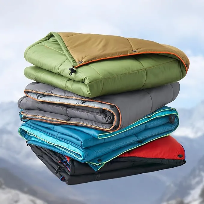 UNIKOME Outdoor Packable Camping Blanket, Lightweight Travel Blanket for Camping, Dual-sides Puffy Down Alternative Camping Blanket with Snap Clasps, 75"×52", Black&Red
