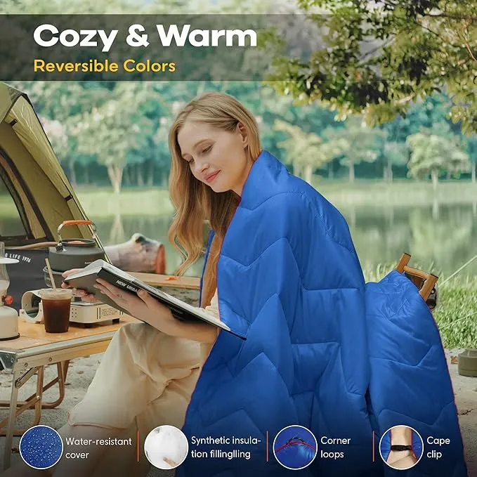 UNIKOME Outdoor Packable Camping Blanket, Lightweight Travel Blanket Waterproof Warm Camping Blanket for Hiking, Camping, Puffy Down Alternative Camping Blanket with Corner Loops, 75"×52", Blue