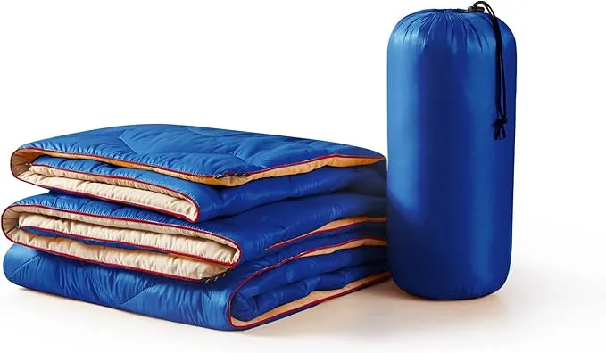 UNIKOME Outdoor Packable Camping Blanket, Lightweight Travel Blanket Waterproof Warm Camping Blanket for Hiking, Camping, Puffy Down Alternative Camping Blanket with Corner Loops, 75"×52", Blue