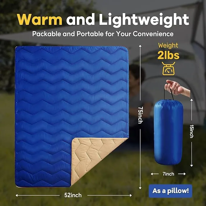 UNIKOME Outdoor Packable Camping Blanket, Lightweight Travel Blanket Waterproof Warm Camping Blanket for Hiking, Camping, Puffy Down Alternative Camping Blanket with Corner Loops, 75"×52", Blue