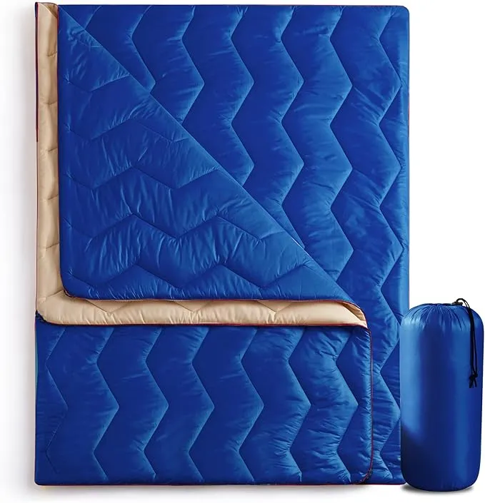 UNIKOME Outdoor Packable Camping Blanket, Lightweight Travel Blanket Waterproof Warm Camping Blanket for Hiking, Camping, Puffy Down Alternative Camping Blanket with Corner Loops, 75"×52", Blue