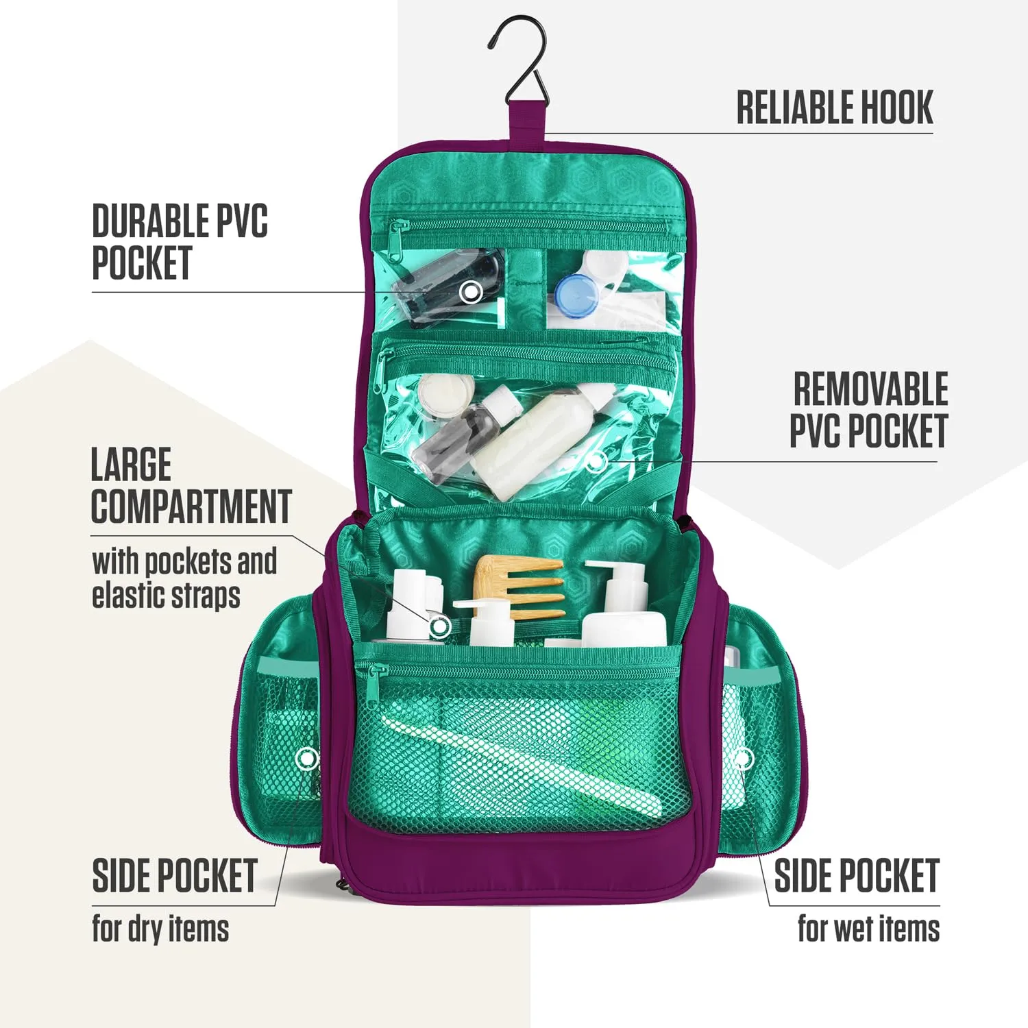 VENTURE 4TH Hanging Travel Toiletry Bag for Women & Men - Travel Organizer with Expandable Compartments & Removable Clear Pouch for Toiletries (Purple/Mint)