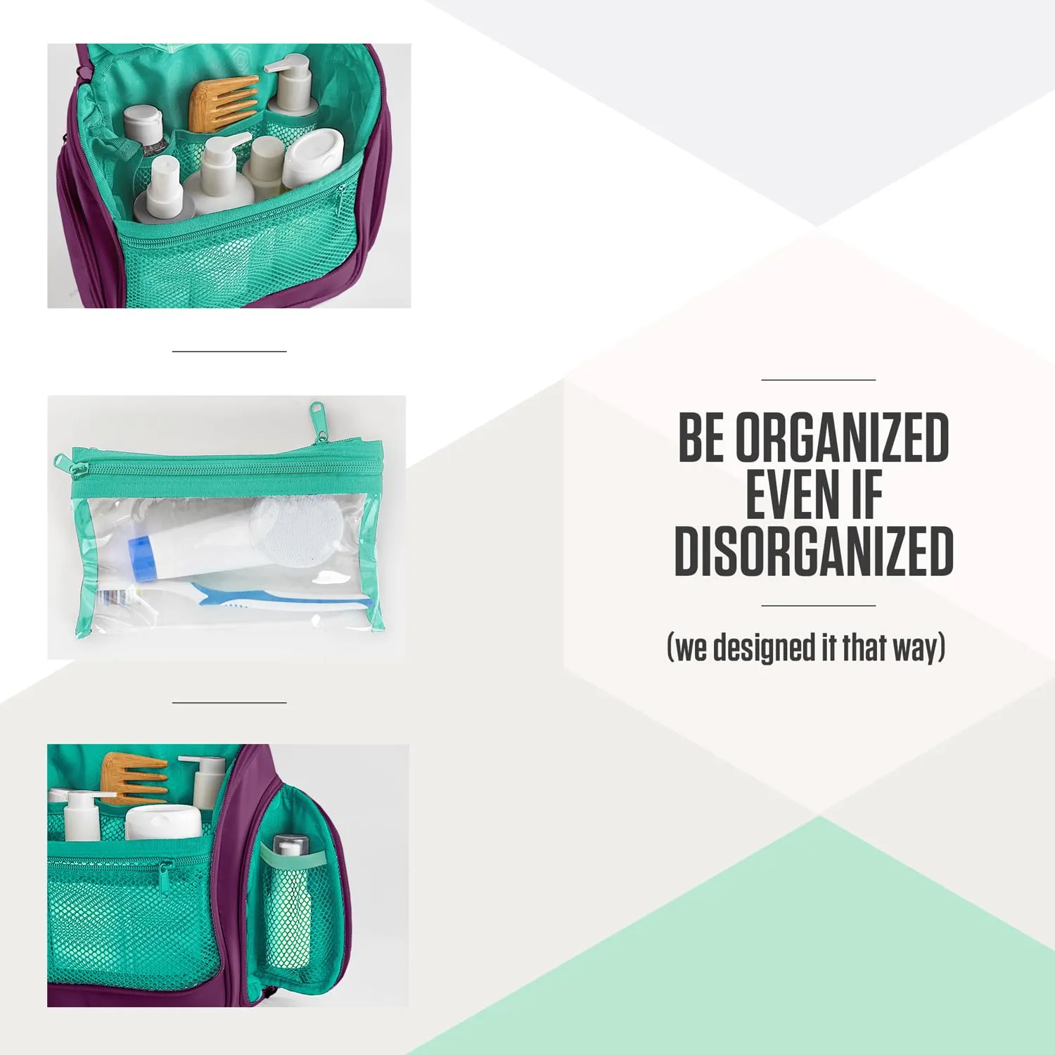 VENTURE 4TH Hanging Travel Toiletry Bag for Women & Men - Travel Organizer with Expandable Compartments & Removable Clear Pouch for Toiletries (Purple/Mint)