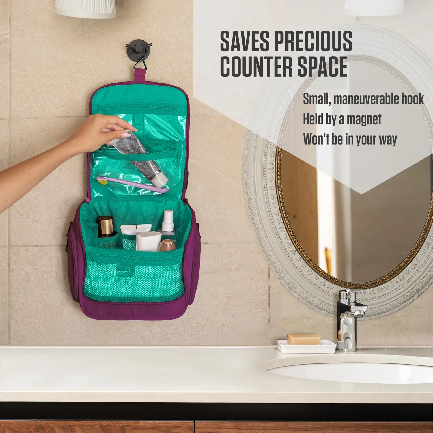 VENTURE 4TH Hanging Travel Toiletry Bag for Women & Men - Travel Organizer with Expandable Compartments & Removable Clear Pouch for Toiletries (Purple/Mint)