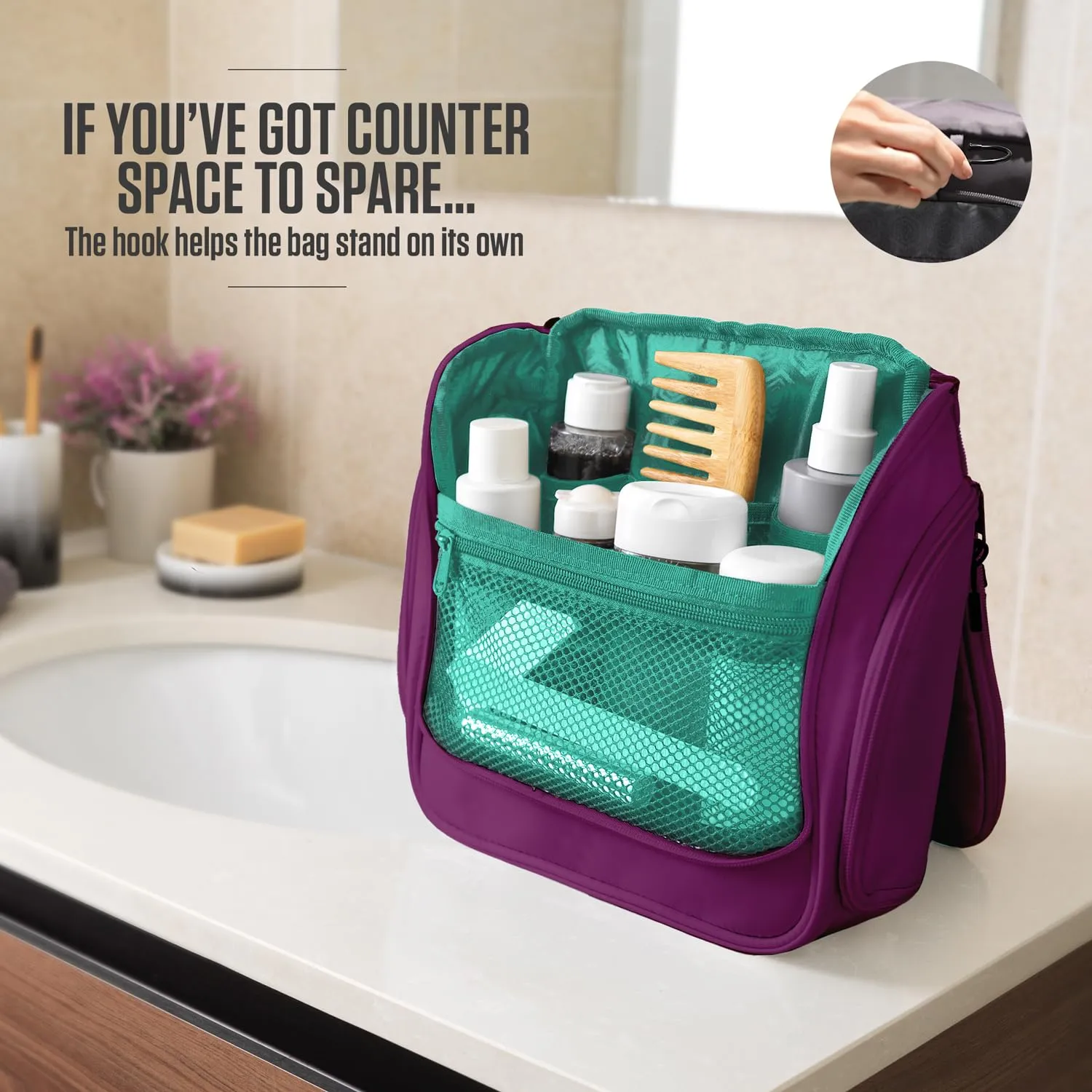 VENTURE 4TH Hanging Travel Toiletry Bag for Women & Men - Travel Organizer with Expandable Compartments & Removable Clear Pouch for Toiletries (Purple/Mint)