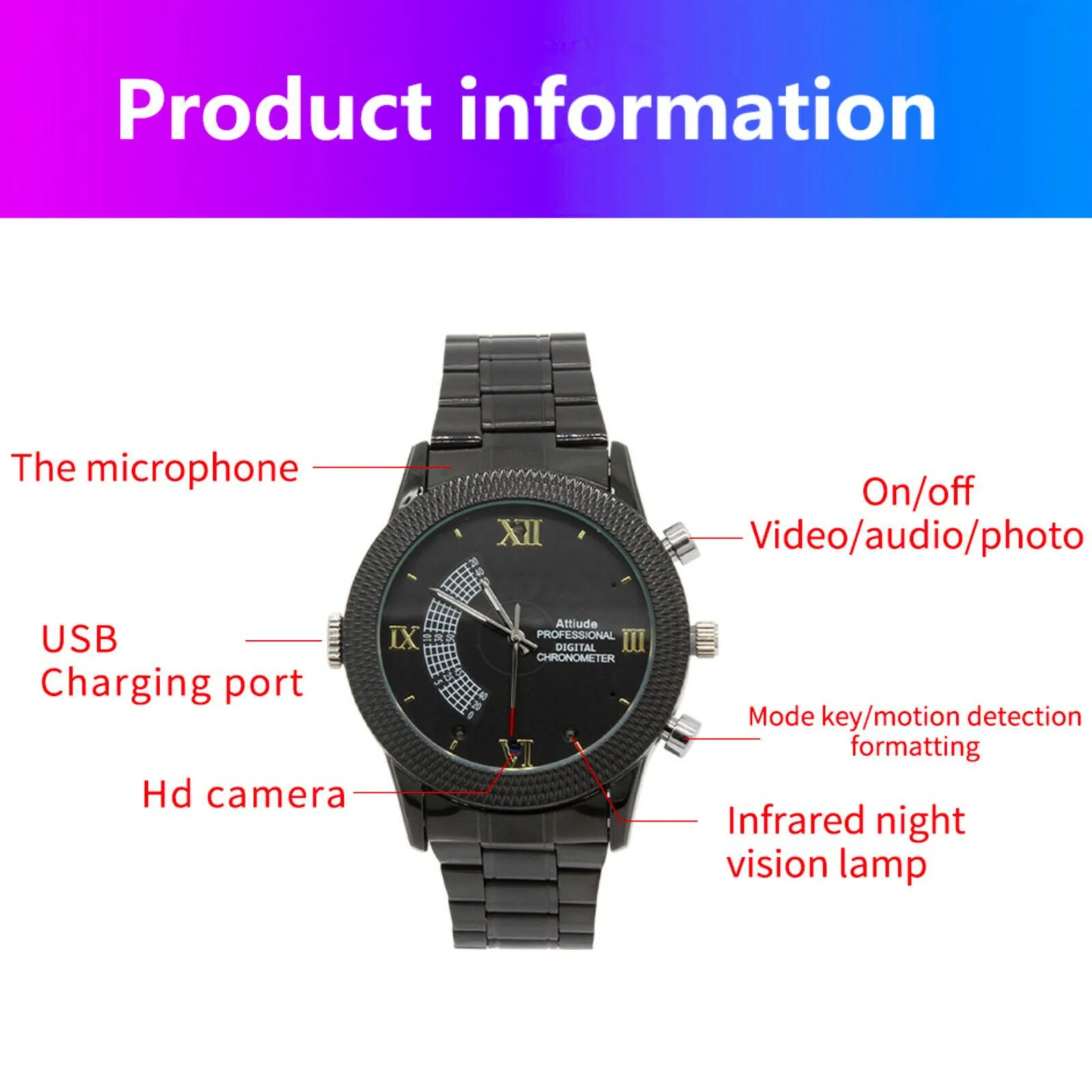 Video Watch Camera Recorder 1080p FHD Audio 12MP Photo Night Vision 32GB Memory