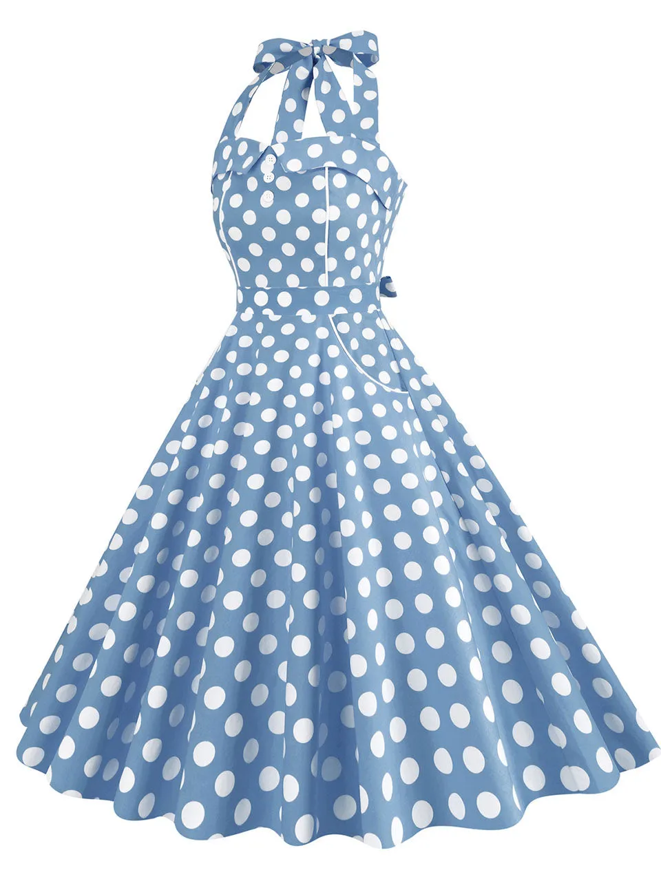 Yellow Polka Dots Vintage Halter Strap Backless 1950S Vintage Dress With Pockets