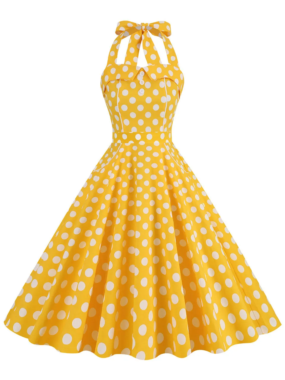 Yellow Polka Dots Vintage Halter Strap Backless 1950S Vintage Dress With Pockets
