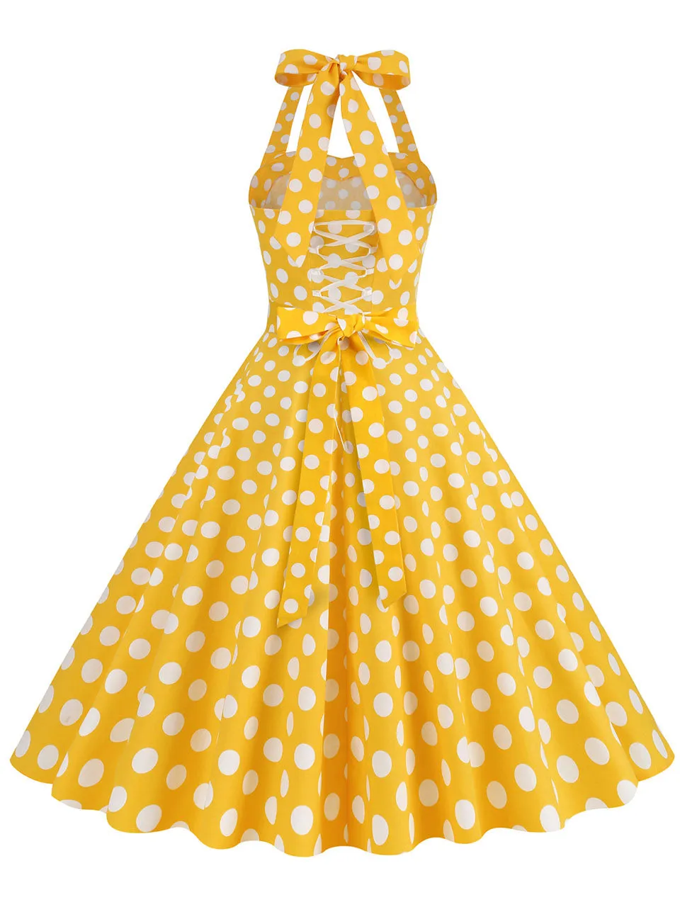 Yellow Polka Dots Vintage Halter Strap Backless 1950S Vintage Dress With Pockets