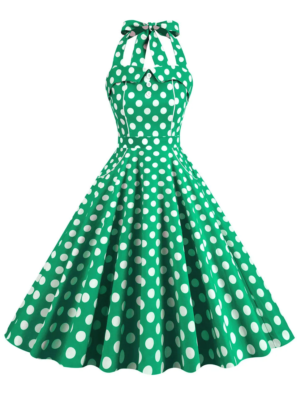 Yellow Polka Dots Vintage Halter Strap Backless 1950S Vintage Dress With Pockets
