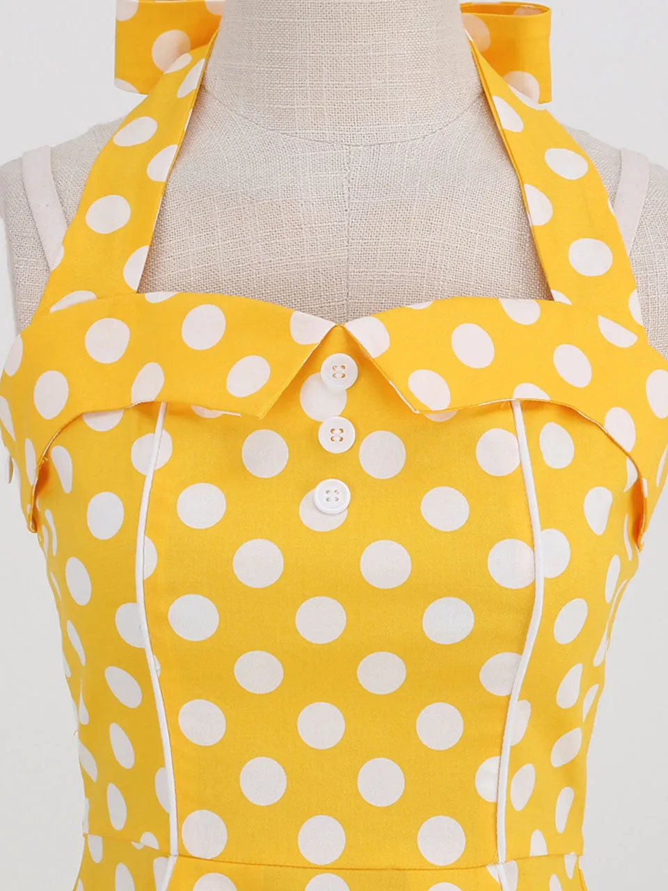 Yellow Polka Dots Vintage Halter Strap Backless 1950S Vintage Dress With Pockets
