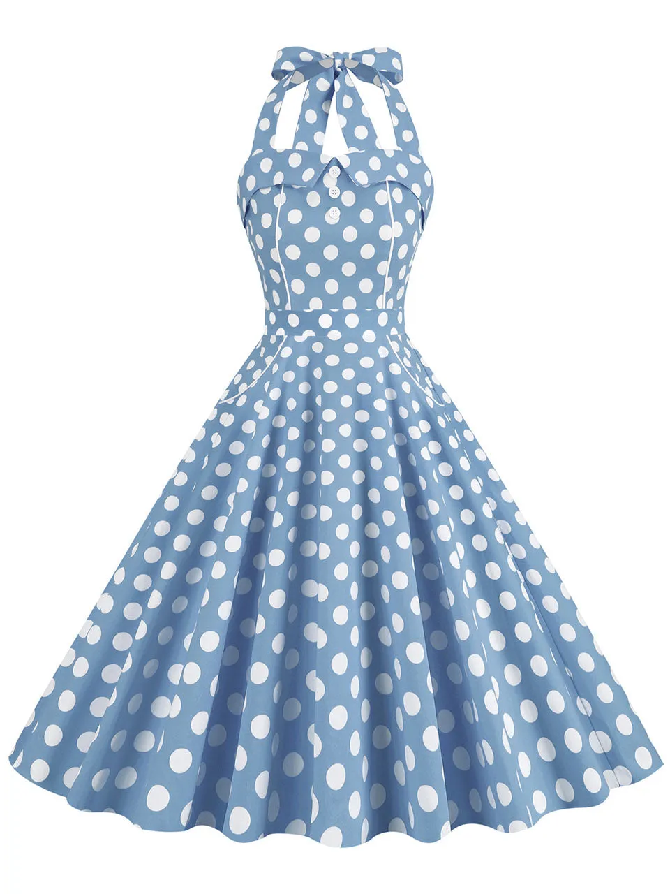 Yellow Polka Dots Vintage Halter Strap Backless 1950S Vintage Dress With Pockets