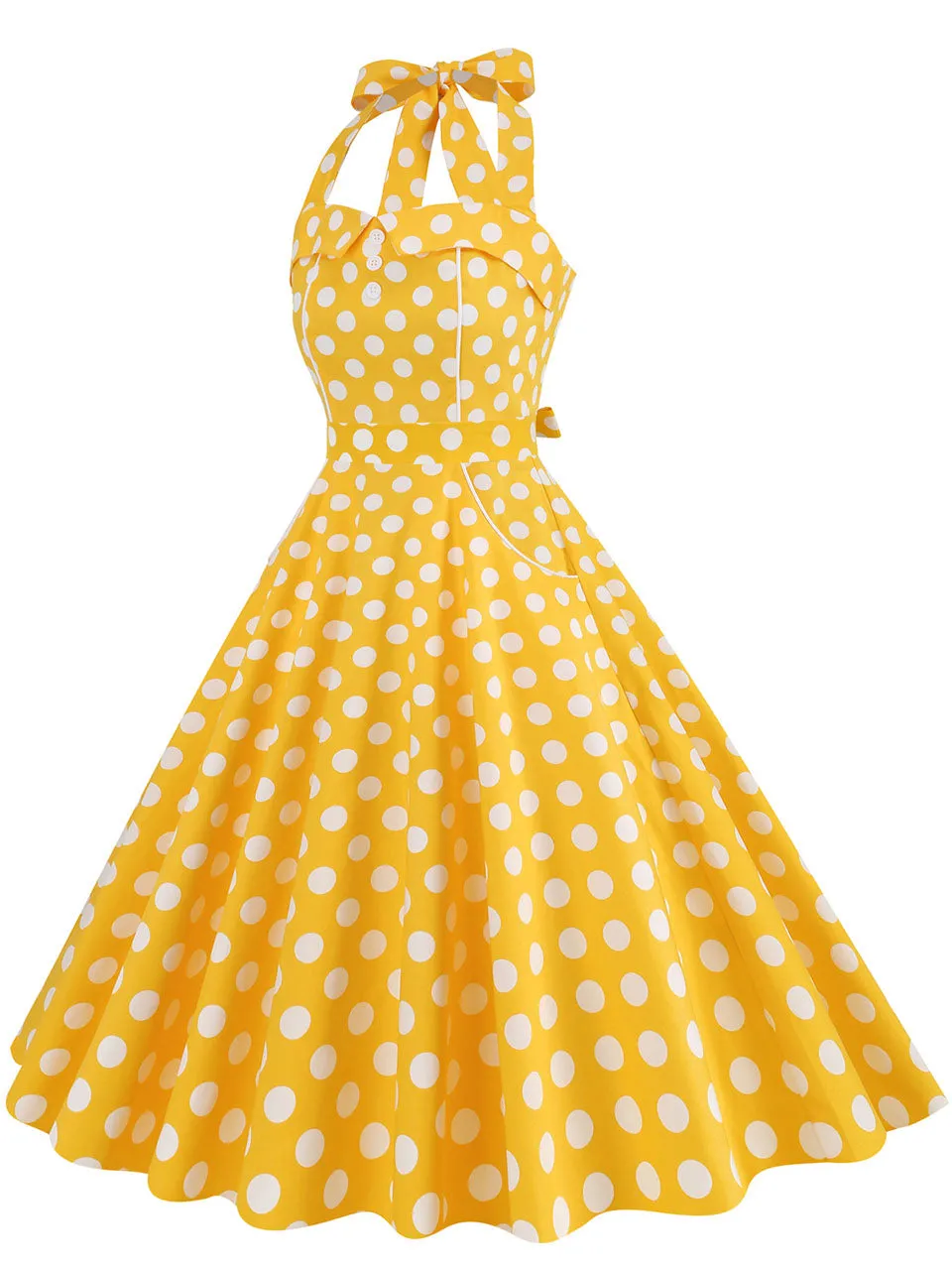 Yellow Polka Dots Vintage Halter Strap Backless 1950S Vintage Dress With Pockets