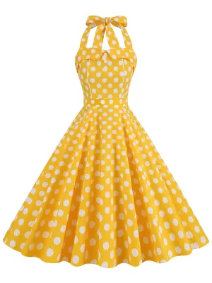 Yellow Polka Dots Vintage Halter Strap Backless 1950S Vintage Dress With Pockets