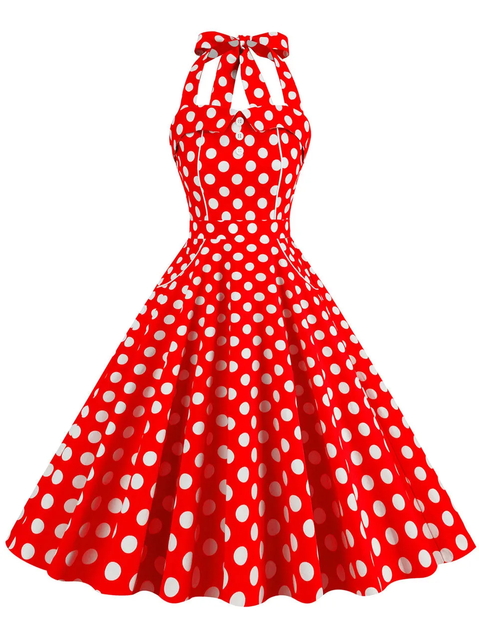 Yellow Polka Dots Vintage Halter Strap Backless 1950S Vintage Dress With Pockets