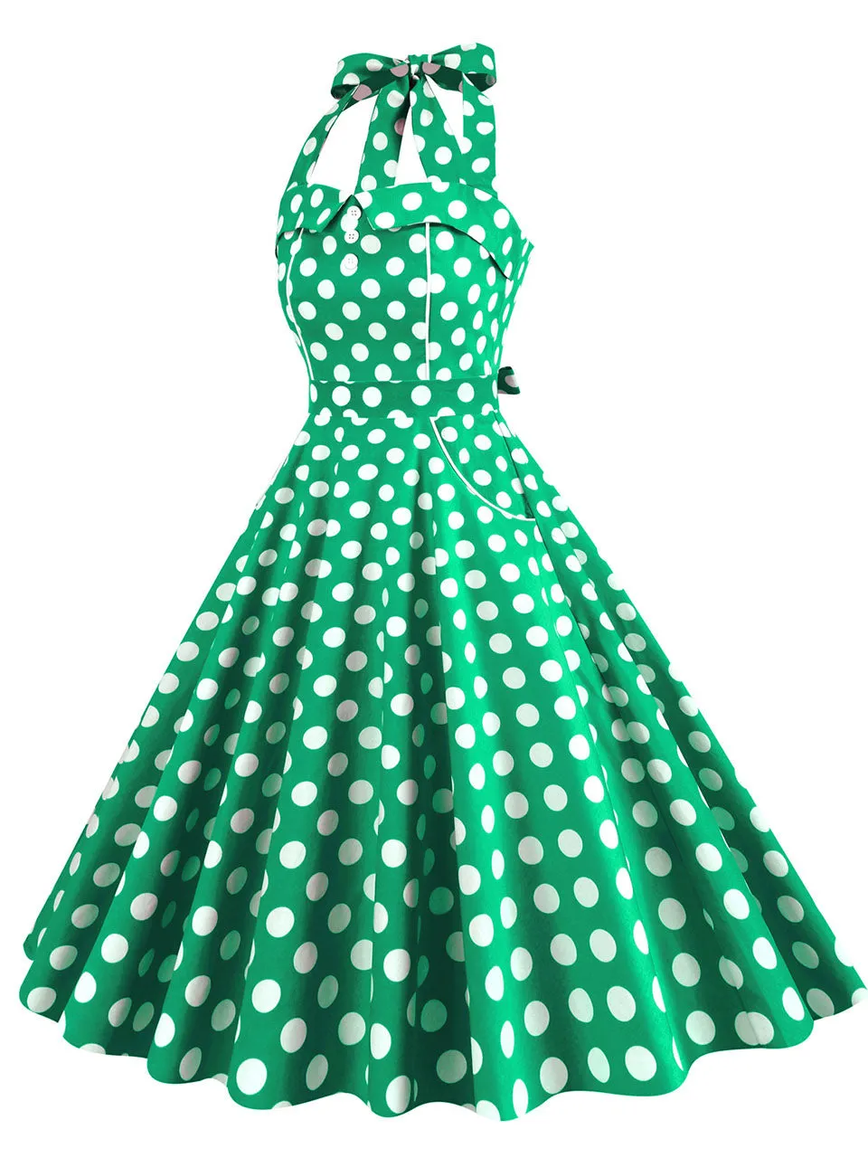 Yellow Polka Dots Vintage Halter Strap Backless 1950S Vintage Dress With Pockets
